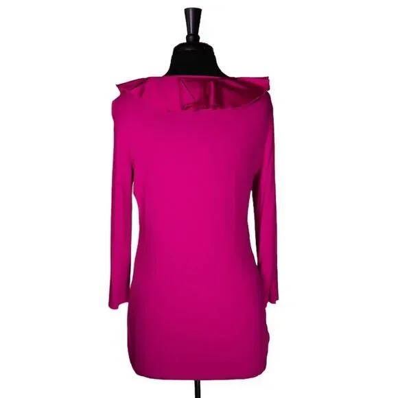 Ralph Lauren Women's Blouse Pink Satin Ruffle Stretch V-Neck 3/4 Sleeve Top L - Picture 2 of 9